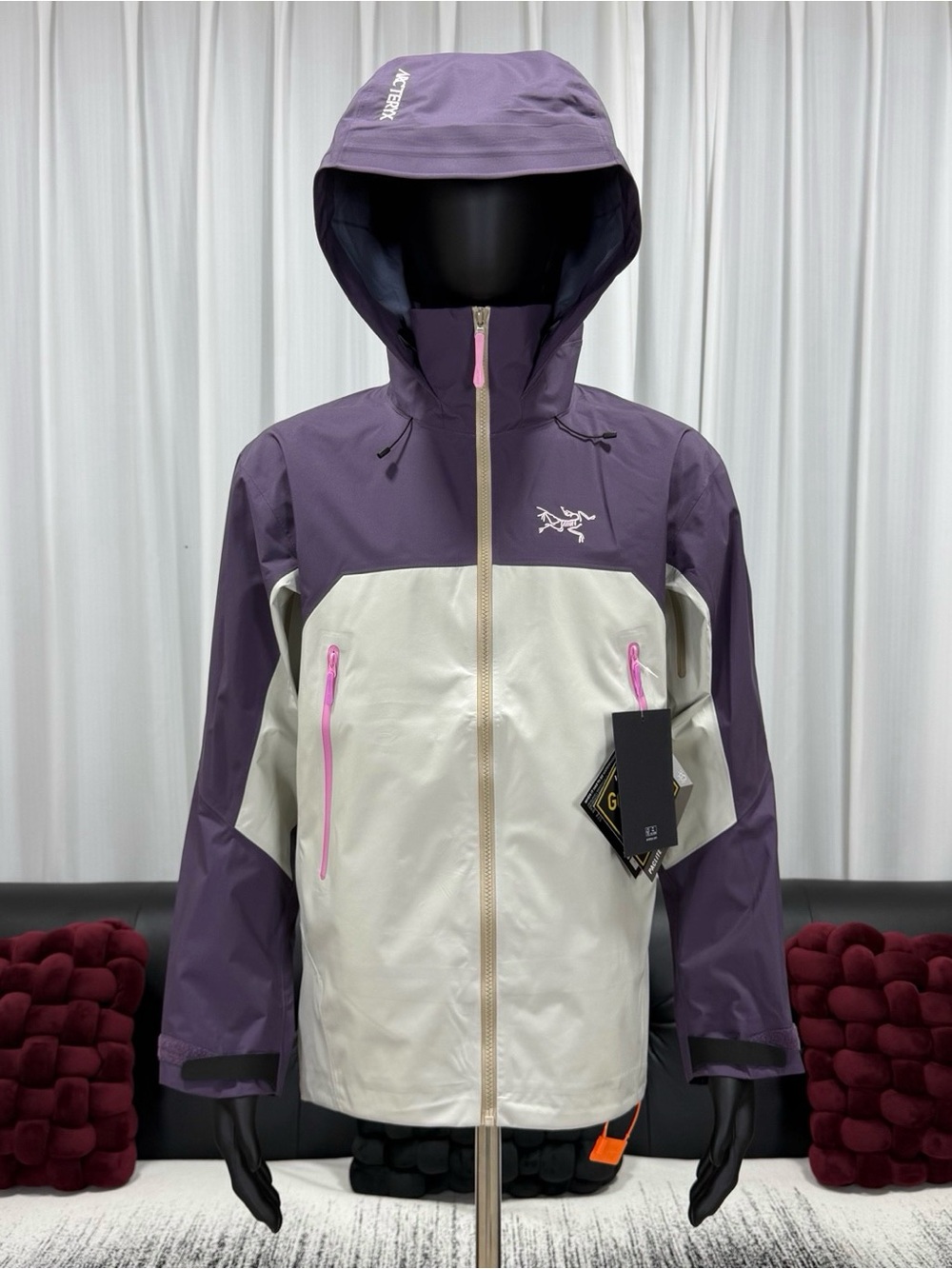 Arc'teryx Two-Tone Hooded Trench Coat in Purple and Cream with Pink Accents